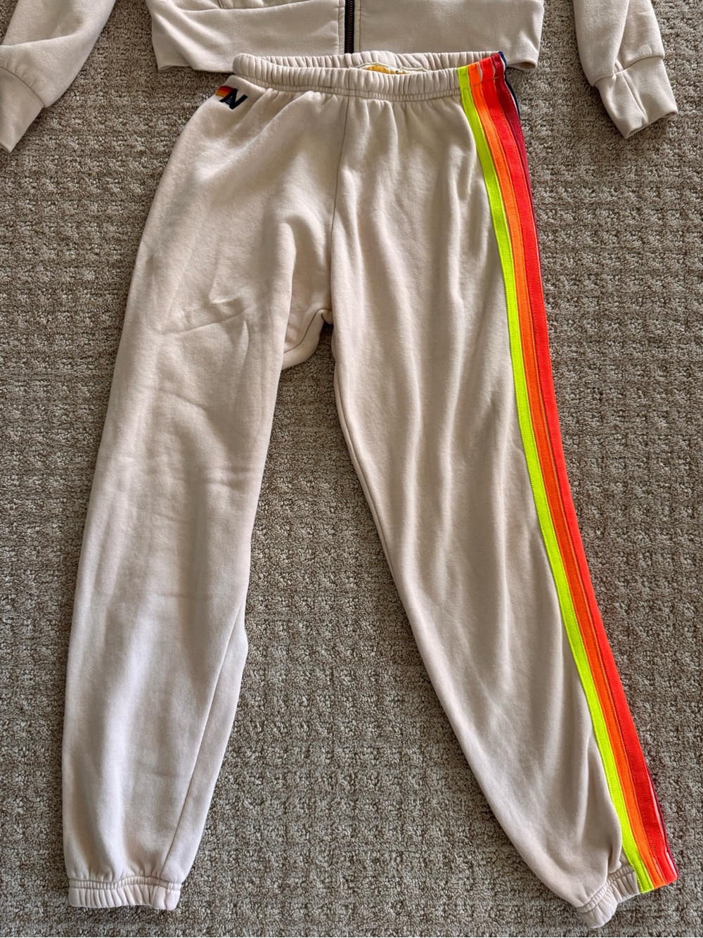 Aviator Nation 5-Stripe Hoodie & Sweatpant Set - Oatmeal / Neon Rainbow - Size S - Picture 2 of 16